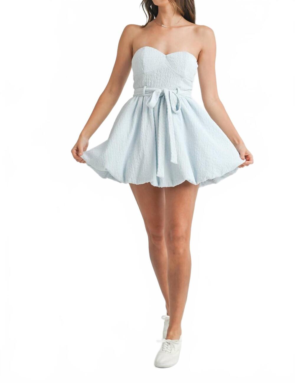 NEW MABLE textured knit bubble hem dress in light blue